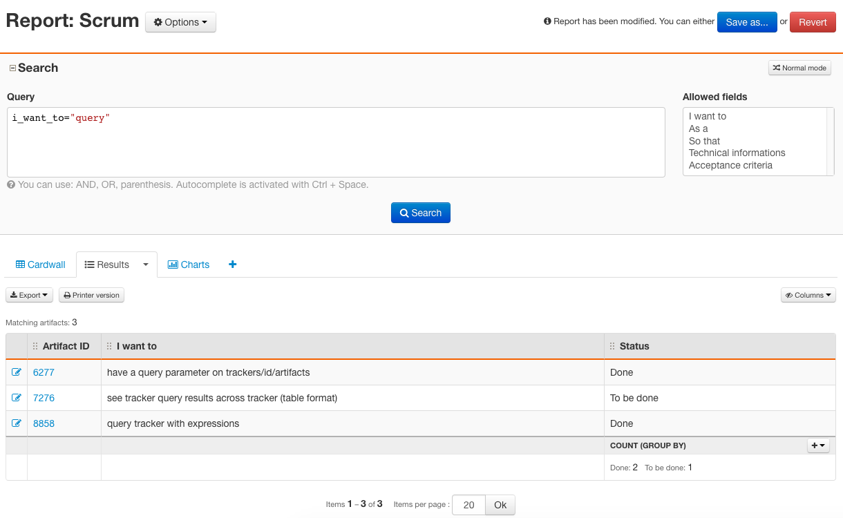 Tuleap Query Language on reports