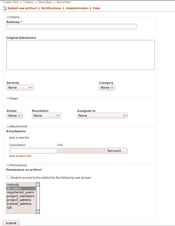 A sample artifact submission screen (the artifact is of type "bug" here)