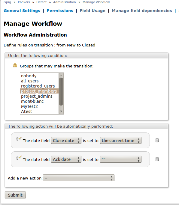 Define workflow transitions