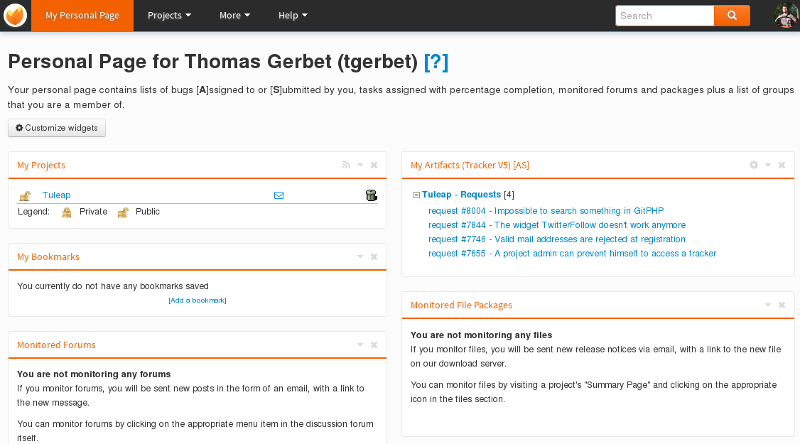 The Personal Page of a Tuleap user